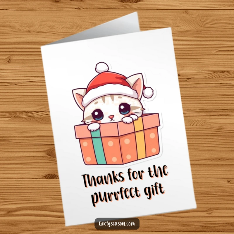 Funny Free Printable Thank You Card: Curious cat in Santa hat peeking from a gift box, saying thanks.
