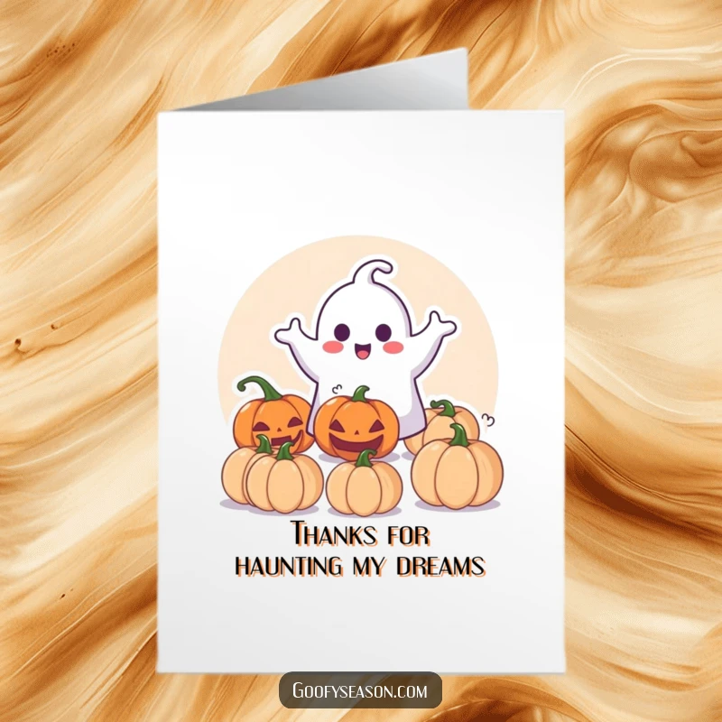 Funny Free Printable Thank You Card: Happy ghost playfully surprising pumpkins, a fun way to express thanks.
