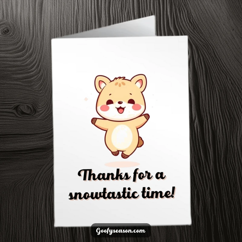 Funny Free Printable Thank You Card: Kawaii animal twirling with joy in a gentle snowfall.