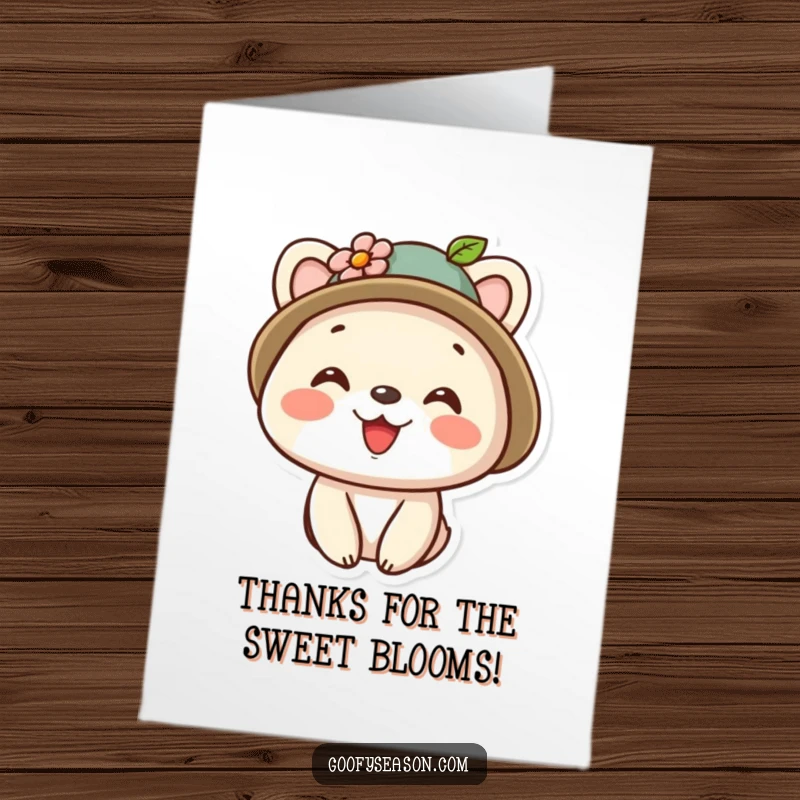 Funny Free Printable Thank You Card: A kawaii animal character smiles brightly, wearing a small hat with a flower.