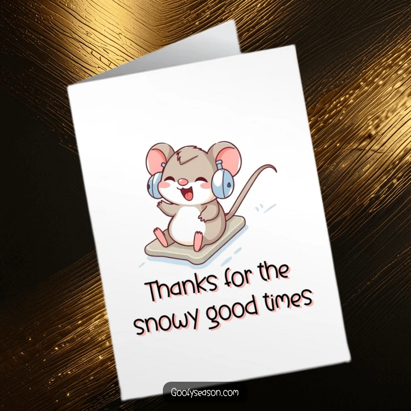 Funny Free Printable Thank You Card: A giggling mouse wearing earmuffs sliding down a snowy incline.