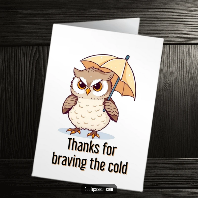 Funny Free Printable Owl Thank You Card: A determined owl bravely navigating a blizzard, holding a tiny umbrella. Downloadable gift.