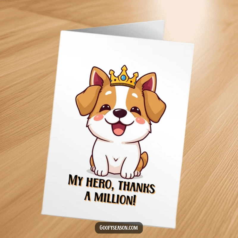 Funny Free Printable Thank You Card: A happy dog in a tiny crown sits at a feast, expressing gratitude.