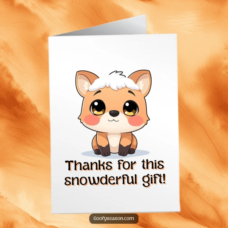 Funny Free Printable Thank You Card: A curious animal looks up with wide, wonder-filled eyes at soft, gentle snowflakes falling from the sky.