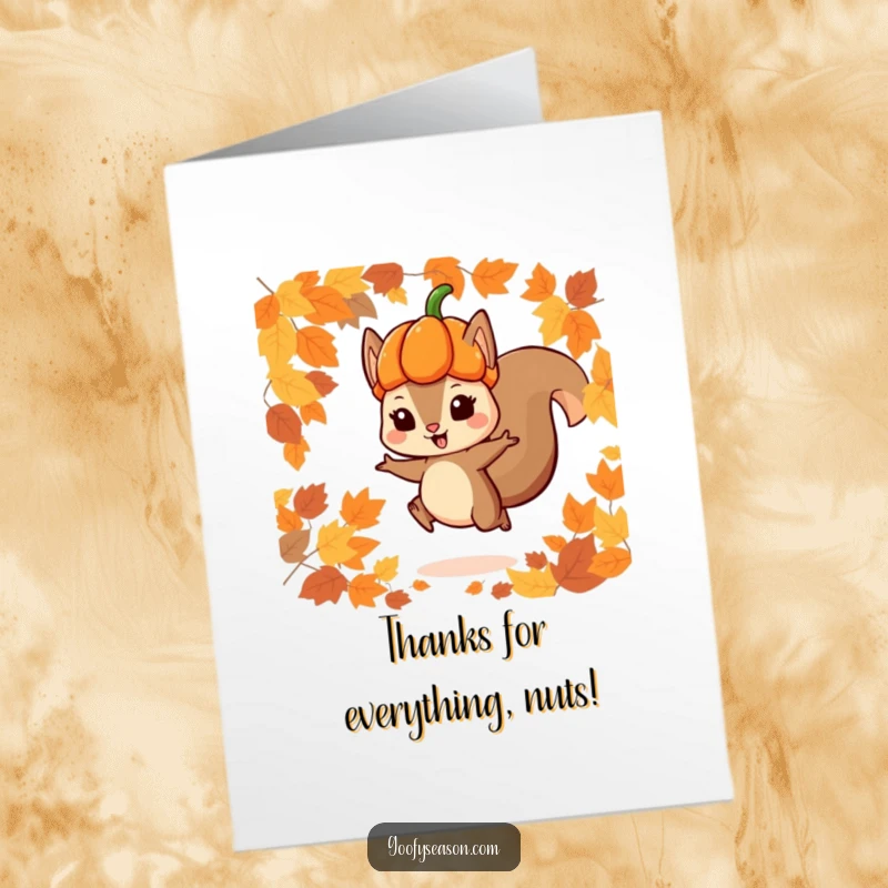 Funny Free Printable Thank You Card: Squirrel wearing a pumpkin hat mid-jump through scattered autumn leaves.
