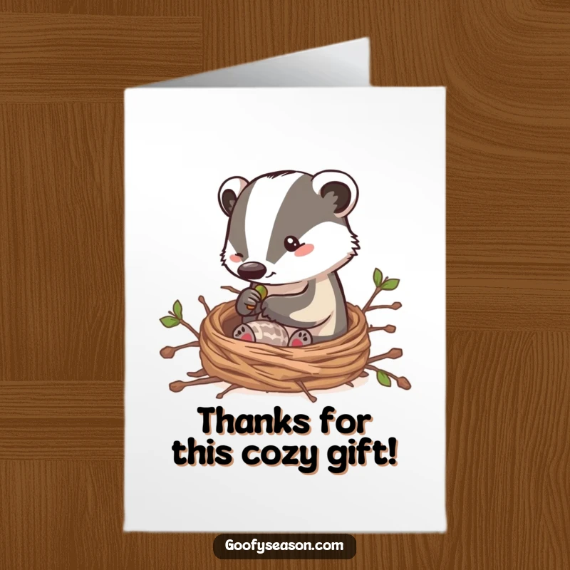 Funny Free Printable Thank You Card: Clever badger character building a cozy nest, offering warm thanks with a homey vibe.