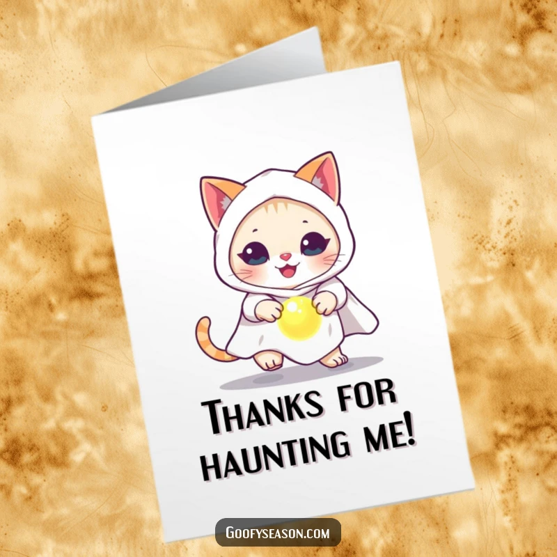 Funny Free Printable Thank You Card: A cat in a ghost costume chases a glowing orb, a humorous token of thanks.