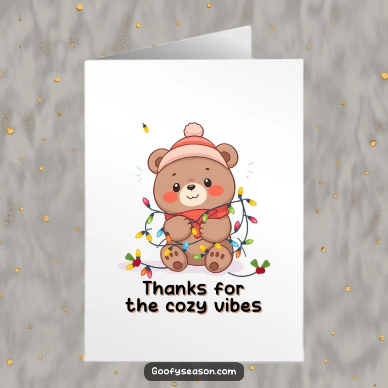 Funny Free Printable Thank You Card: Kawaii bear delightfully tangled in festive winter lights, conveying warm thanks happily.