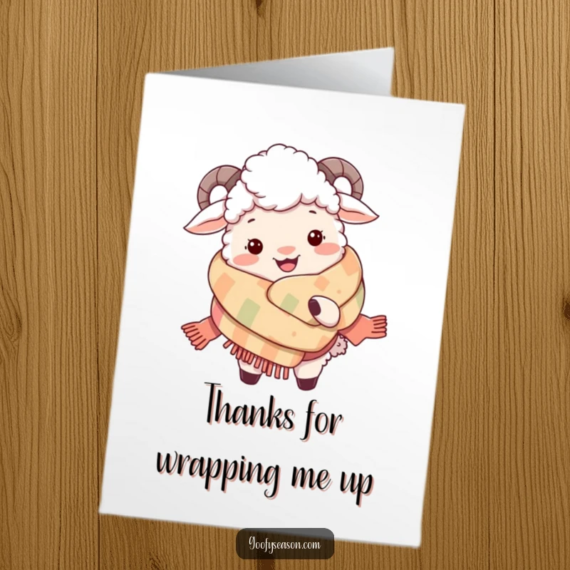 Funny free printable thank you card of a happy sheep blissfully wrapped in a massive, plush, comforting winter scarf.