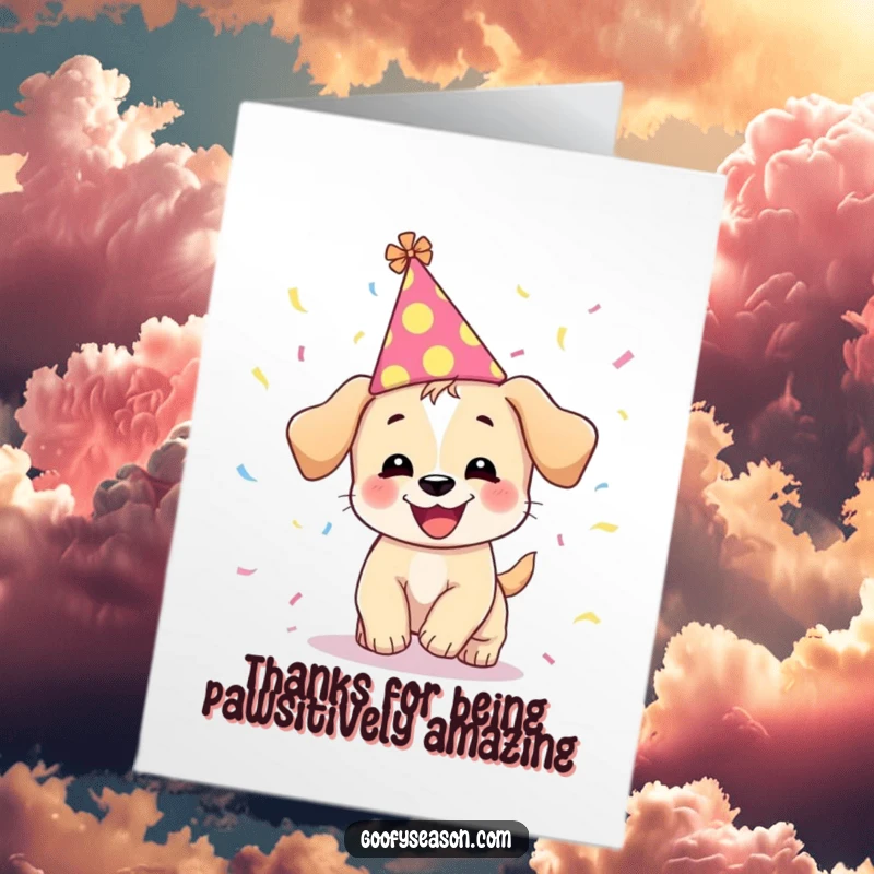 Funny Free Printable Thank You Card: A giggling puppy wearing a hat chases confetti in a thankful celebration.