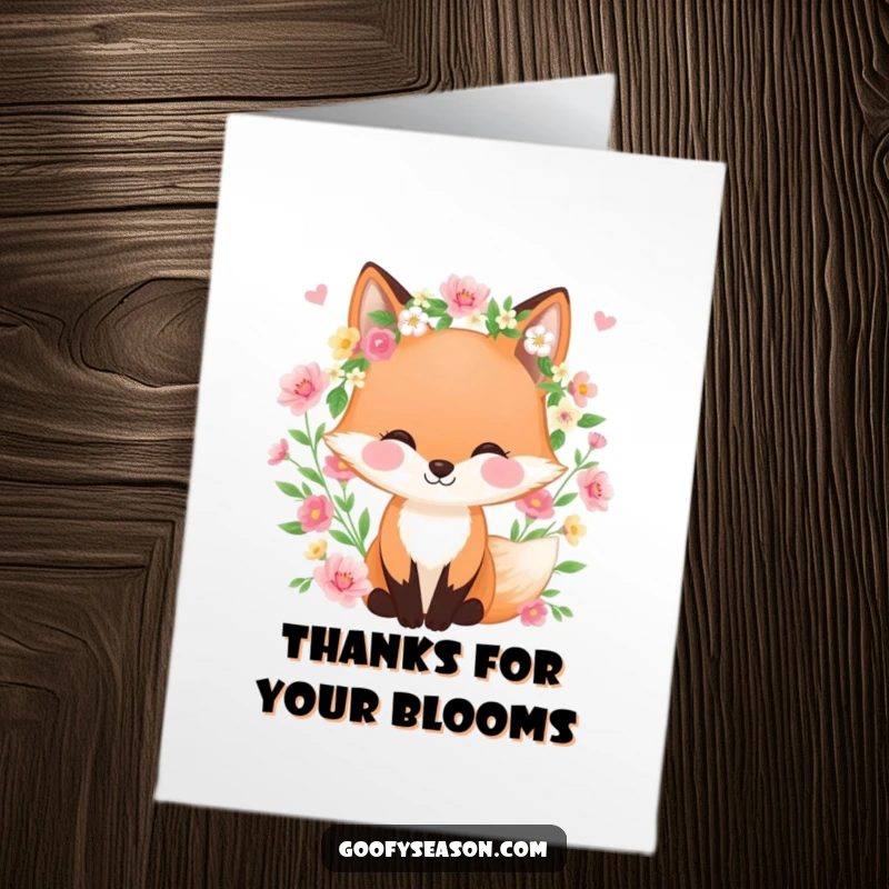 Funny Free Printable Thank You Card: Happy fox wearing a spring wreath, nestled amongst blooming flowers, with a thankful smile.