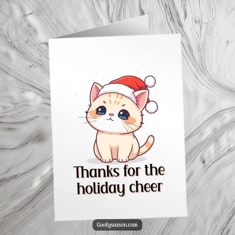Free Printable Thank You Card: Kawaii cat in a festive Santa hat catching snowflakes with gratitude.