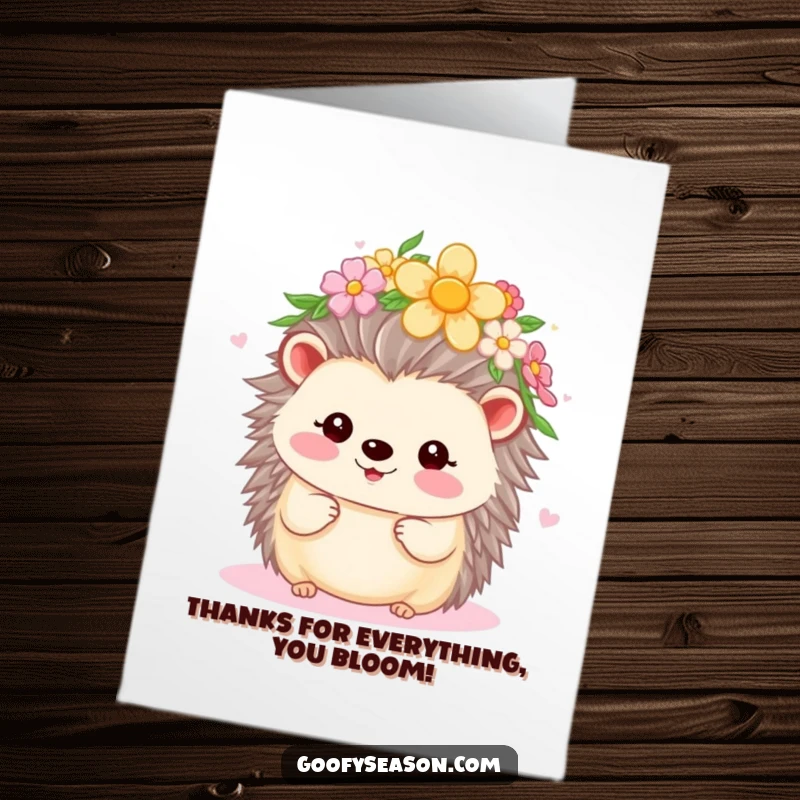 Funny Free Printable Thank You Card: Kawaii hedgehog wearing a flower crown, beaming with gratitude during the beautiful spring season.