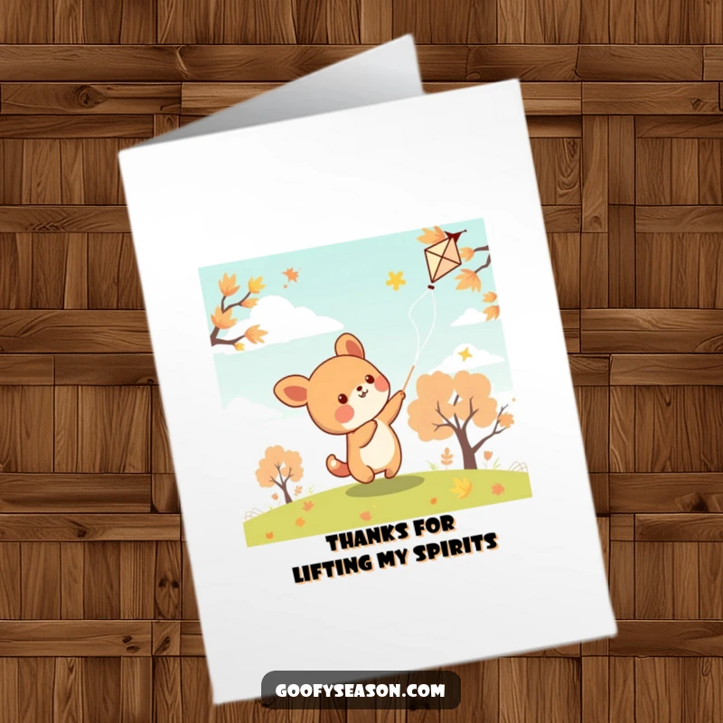 Funny Free Printable Thank You Card: Kawaii animal flies a kite, sending thanks on an autumn breeze.