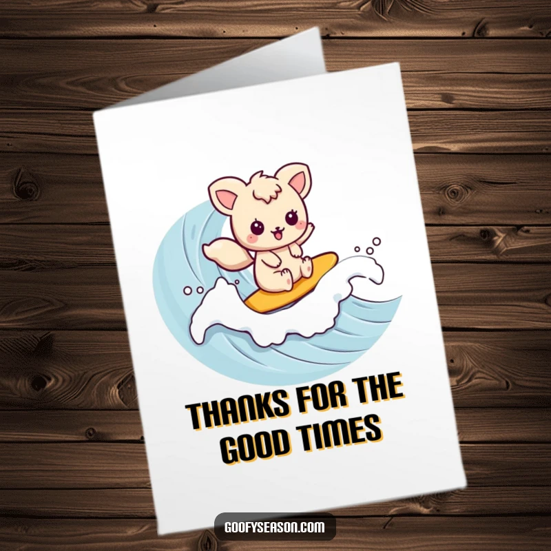 Funny Free Printable Thank You Card: Kawaii animal glides on a wave, conveying heartfelt thanks joyfully.