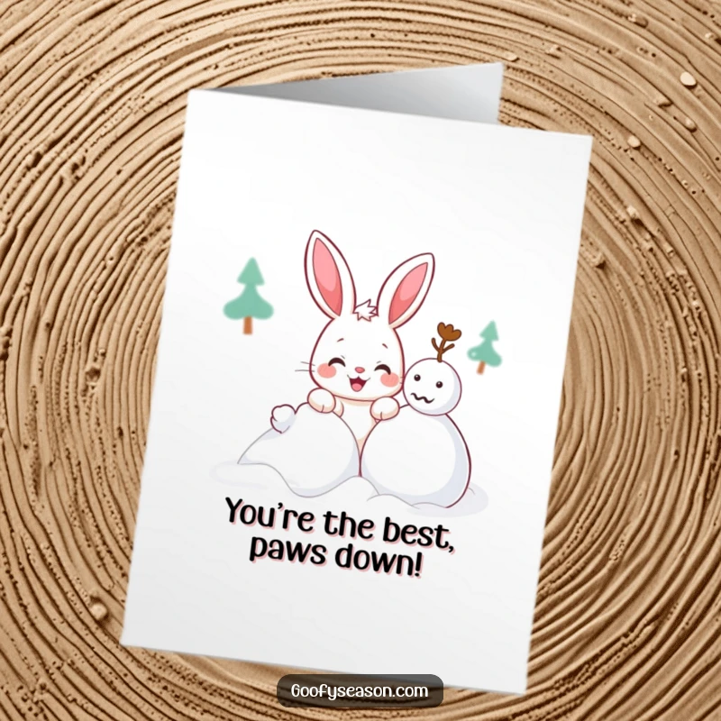 Funny Free Printable Thank You Card: A kawaii bunny with a mischievous grin building a snowman, a sweet way to say thanks.