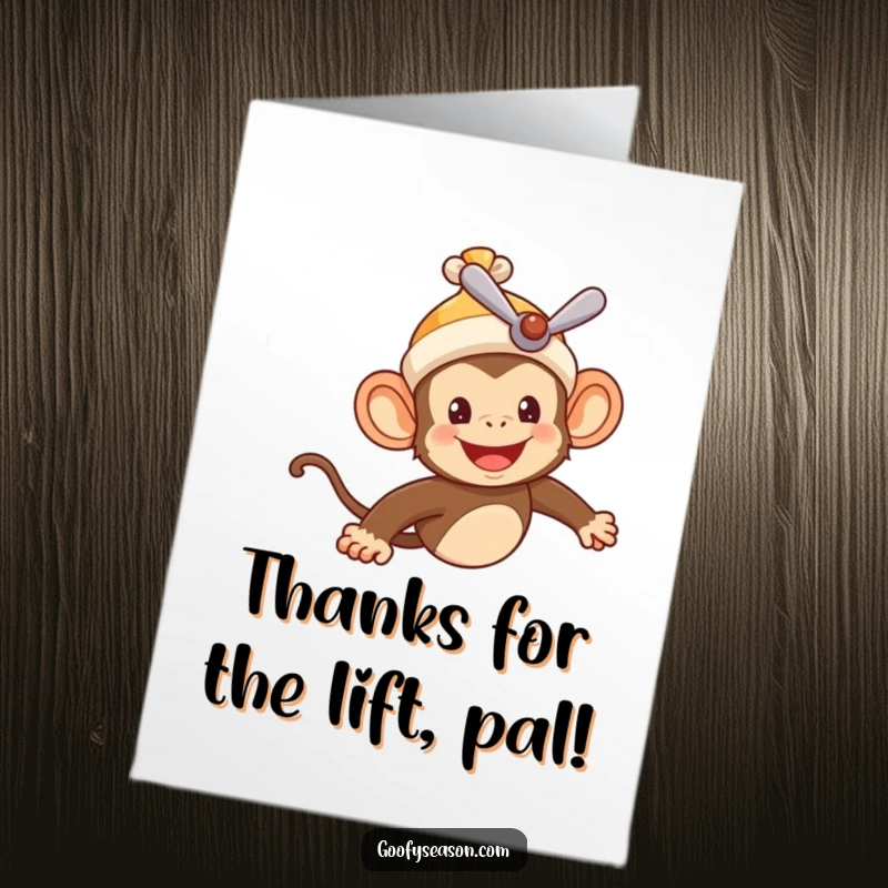 Funny Free Printable Thank You Card: Cheerful monkey pilot with propeller beanie flying to deliver thanks.
