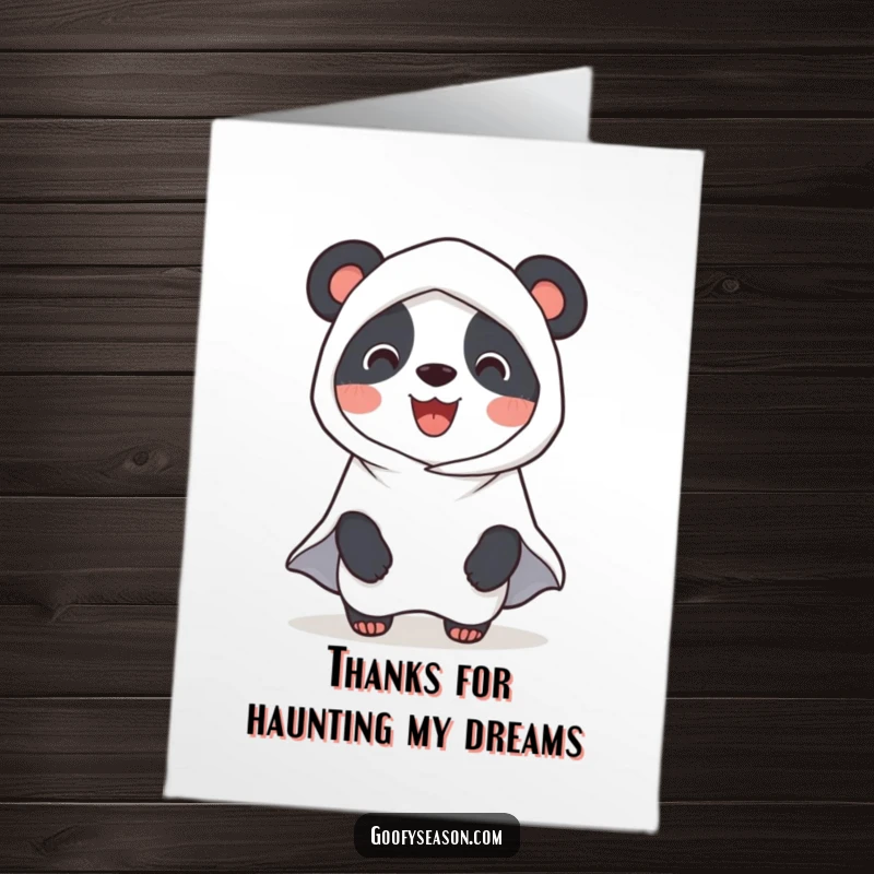 Funny Free Printable Thank You Card: A smiling panda in a ghost costume offers thanks with a playful, spectral wave.