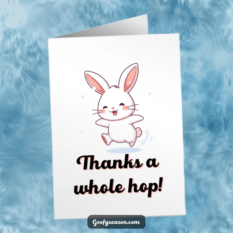 Funny Free Printable Thank You Card: Energetic rabbit character playfully chasing snowflakes, conveying thanks with wintry delight.