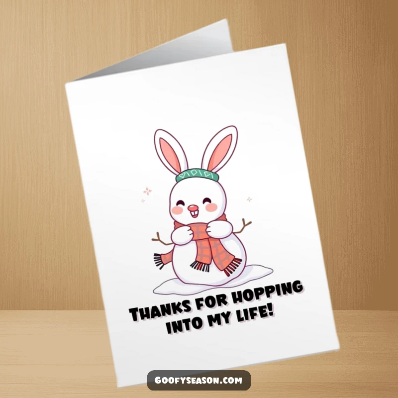 Funny Free Printable Thank You card features a happy bunny dressing a snowman, perfect for expressing gratitude with a smile.