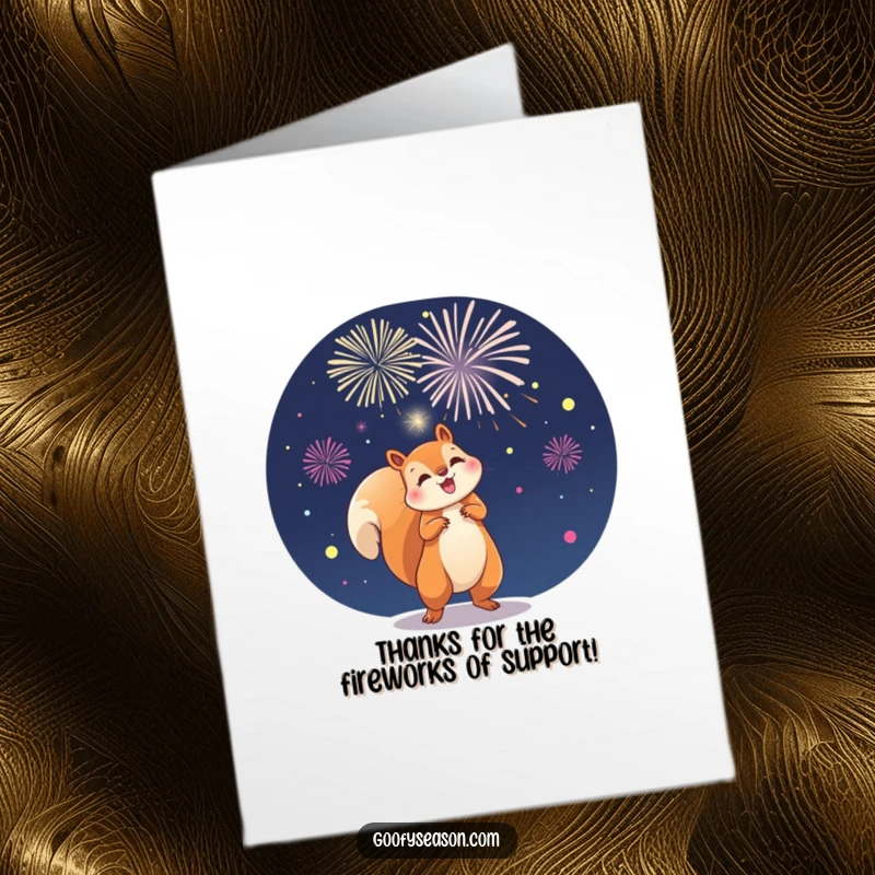 Funny Free Printable Thank You card features a playful squirrel setting off vibrant fireworks against the night sky to say thanks.