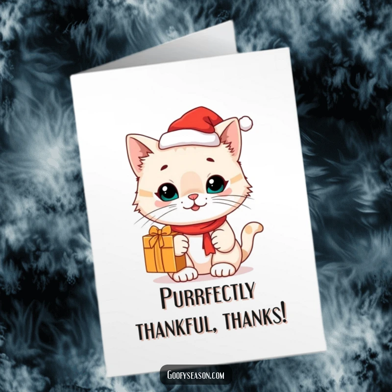 Funny Free Printable Thank You Card: A cute cat in a tiny Santa hat holds a gift, conveying thanks with holiday cheer.