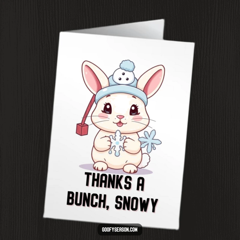 Funny Free Printable Thank You Card: Cute bunny in a tiny snowman hat, holding a melting snowflake, with a sweet smile.