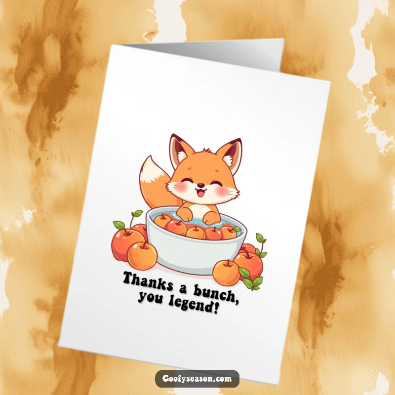 Funny Free Printable Thank You Card: Kawaii fox enthusiastically bobbing for apples, a delightful way to say thank you.