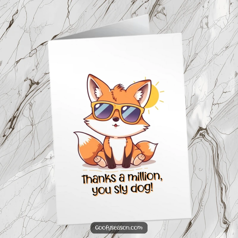 Funny Free Printable Thank You Card: A curious fox in oversized sunglasses soaks up the sun on a beach.
