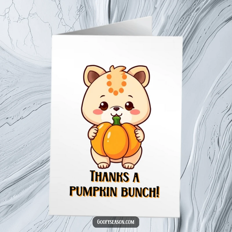 Funny Free Printable Thank You Card: Kawaii animal offers a pumpkin with a thankful, cheerful grin.