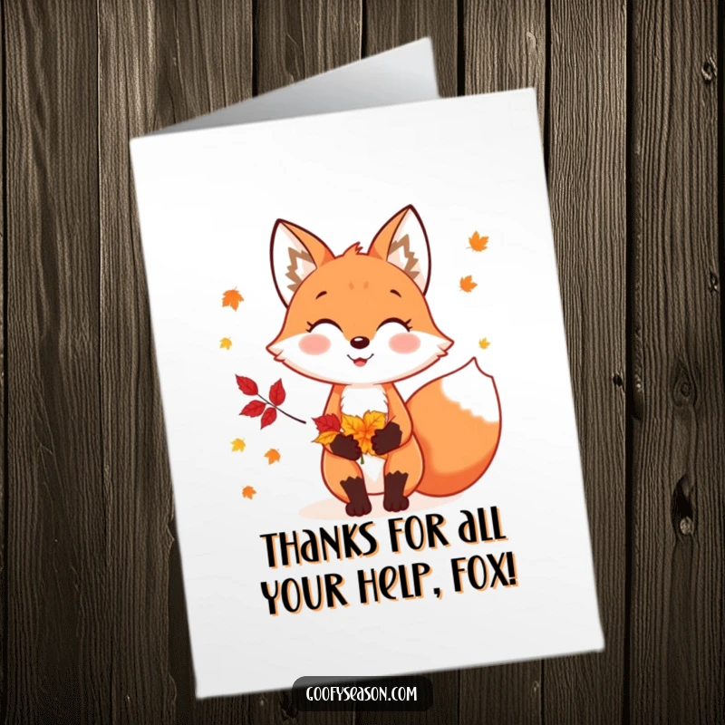 Funny Free Printable Thank You card displays a cheerful fox holding a collection of stunning autumn leaves, perfect for expressing thanks.