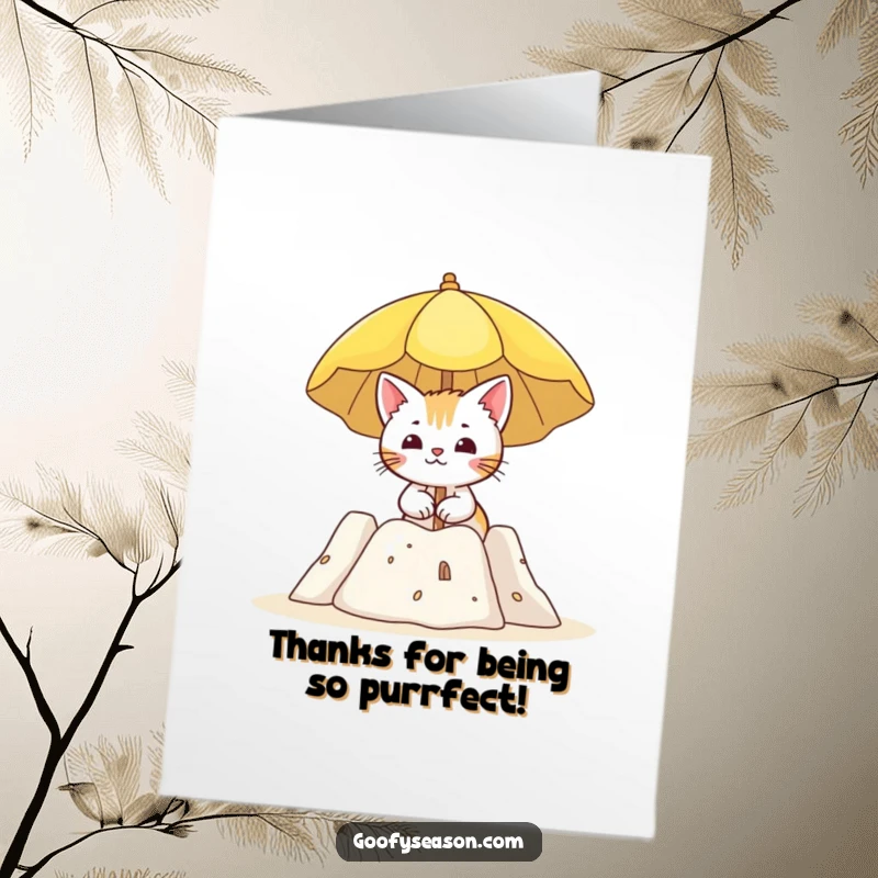 Funny Free Printable Thank You card depicts a curious cat holding a sun umbrella near a beach sandcastle, expressing thanks calmly.