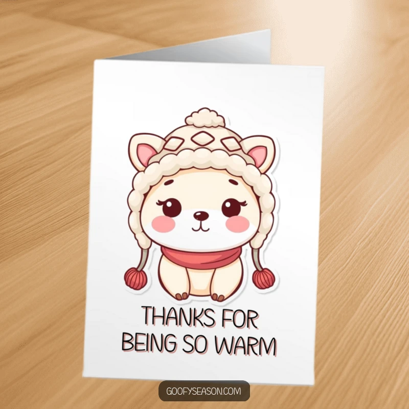 Funny Free Printable Thank You Card: Kawaii animal in a cozy hat offers thanks, cheeks blushing warmly.