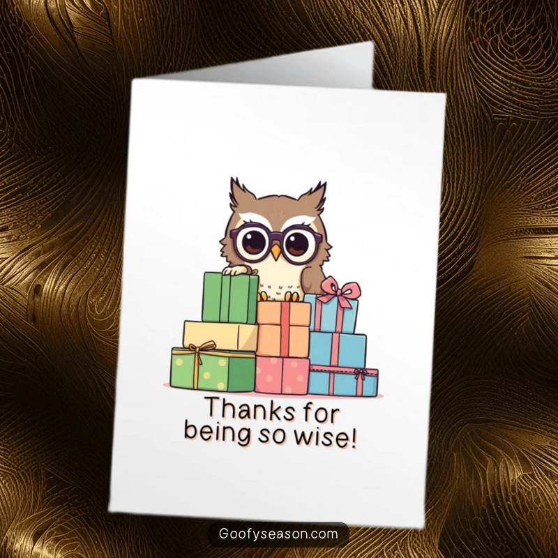 Funny Free Printable Thank You Card: Owl with spectacles peeking from behind presents, showing thanks.