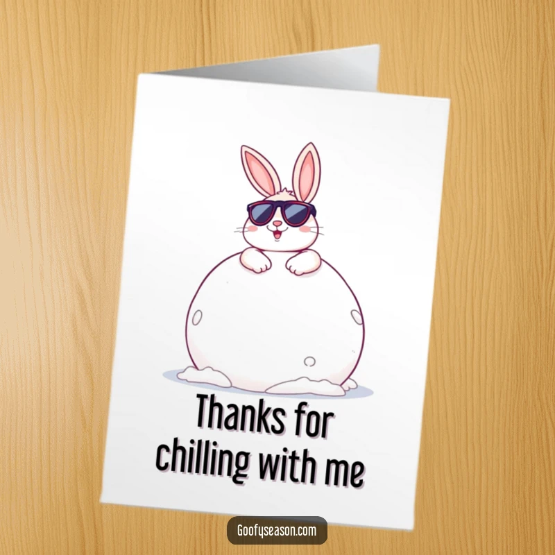 Funny Free Printable Thank You Card: Cheerful bunny wearing sunglasses, lounging on a large snowball.
