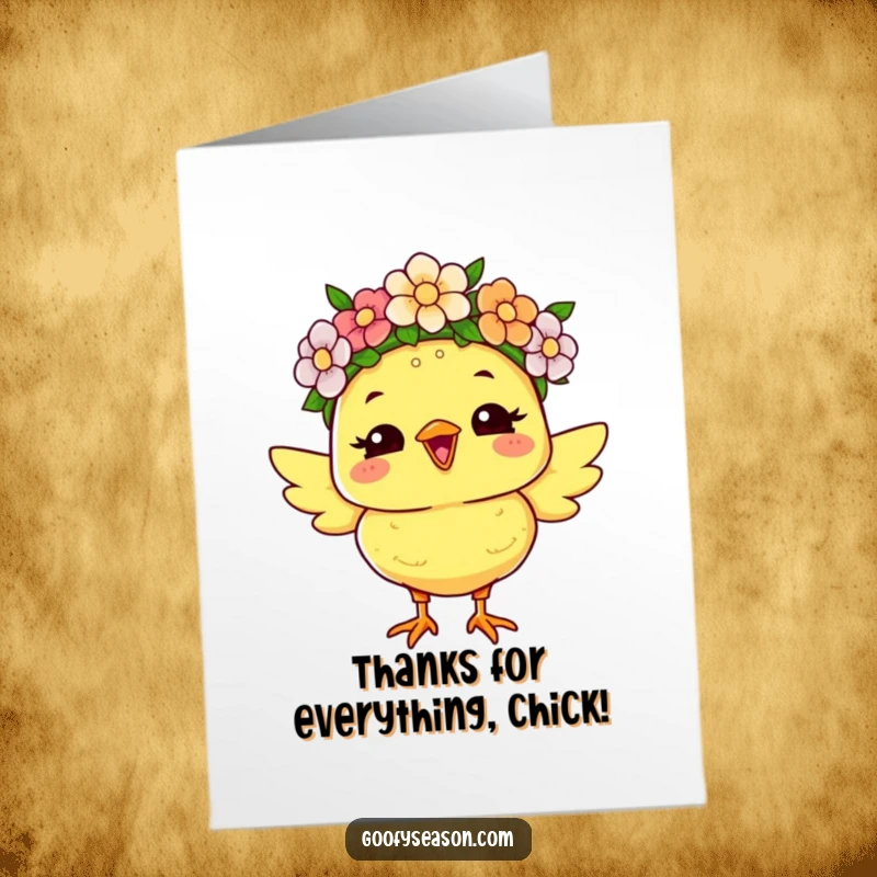 Funny Free Printable Thank You Card: Joyous chick character adorned with a flower crown, conveying thanks with a sunny disposition.