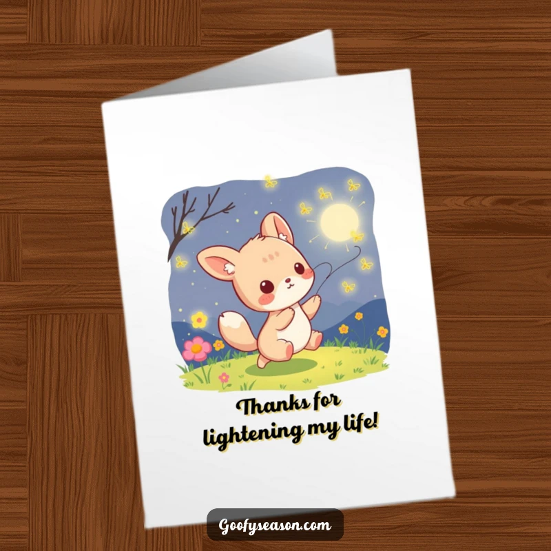Funny Free Printable Thank You Card: Kawaii animal delights in chasing glowing fireflies on a summer night.