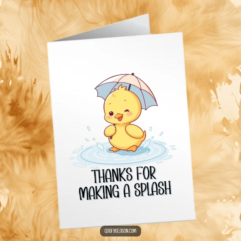 Funny Free Printable Thank You Card: A happy duckling with an umbrella splashing in a puddle, sending thanks.