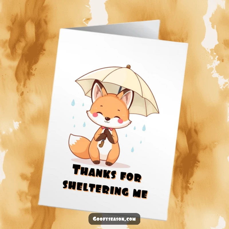 Funny Free Printable Thank You Card: Kawaii fox holding an umbrella amidst cheerful spring raindrops, conveying thanks with a smile.