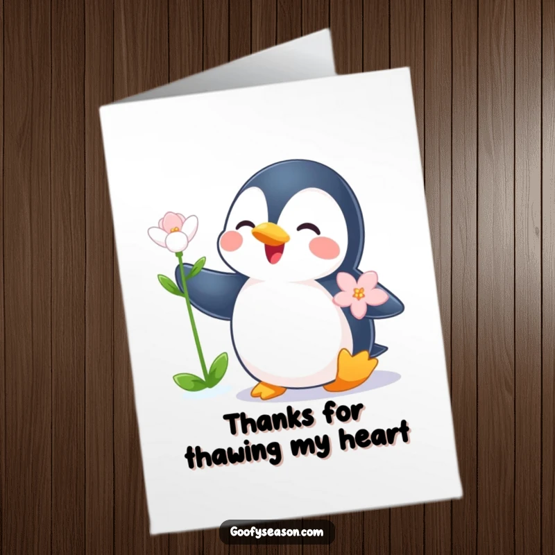 Funny free printable thank you card depicting a happy penguin enjoying the first signs of spring in winter.