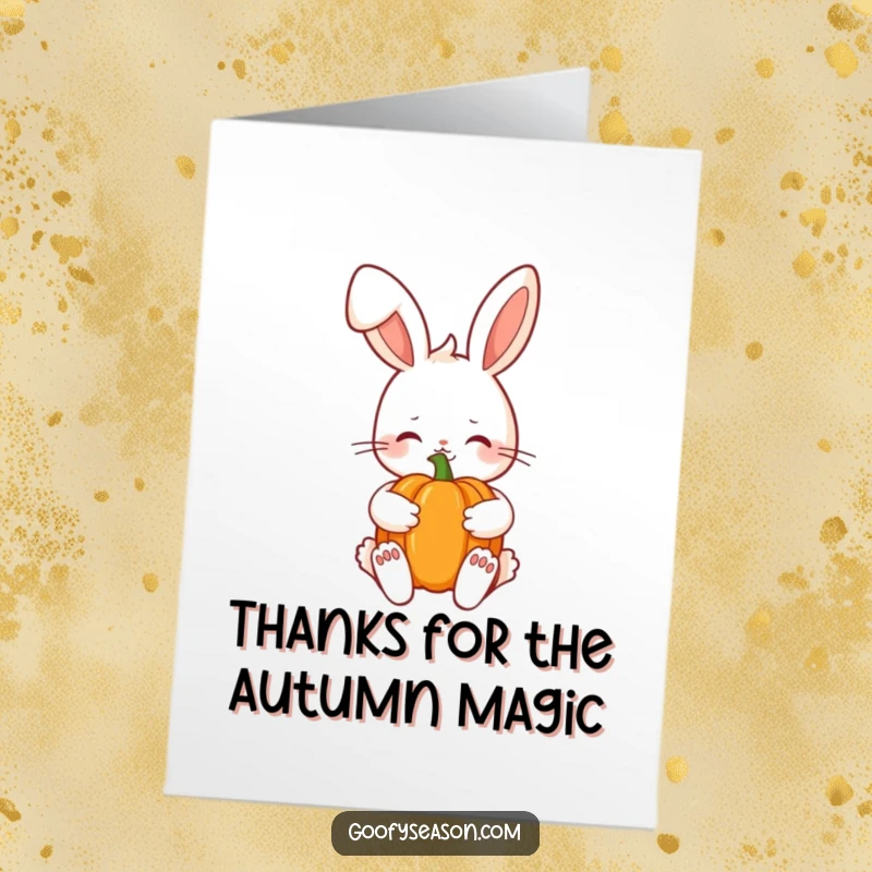 Funny Free Printable Thank You Card: Shy Kawaii bunny holding a pumpkin, offering thanks with a shy autumn smile.