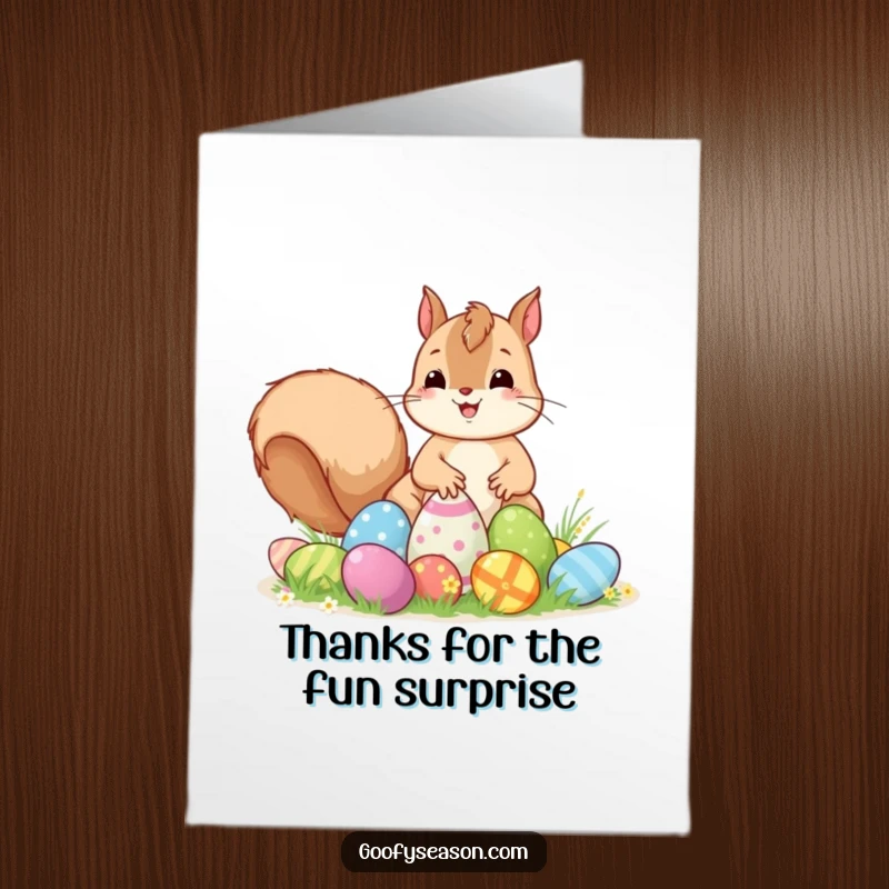 Funny Free Printable Thank You Card: Kawaii squirrel with colorful Easter eggs, eagerly preparing for a hunt, showing thanks.