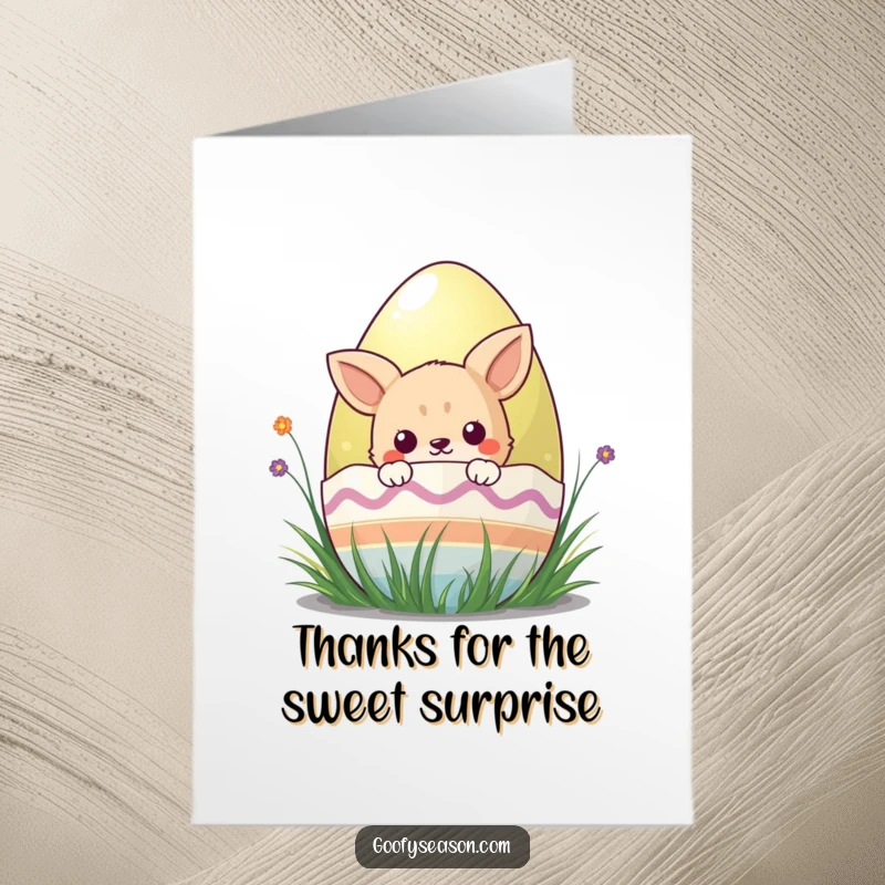 Funny Free Printable Thank You Card: Kawaii animal peeks from behind an Easter egg, offering thanks happily.