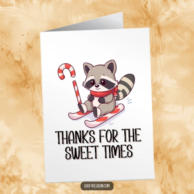Funny free printable thank you card of a happy raccoon enjoying a fast ride down a sugary candy cane hill.