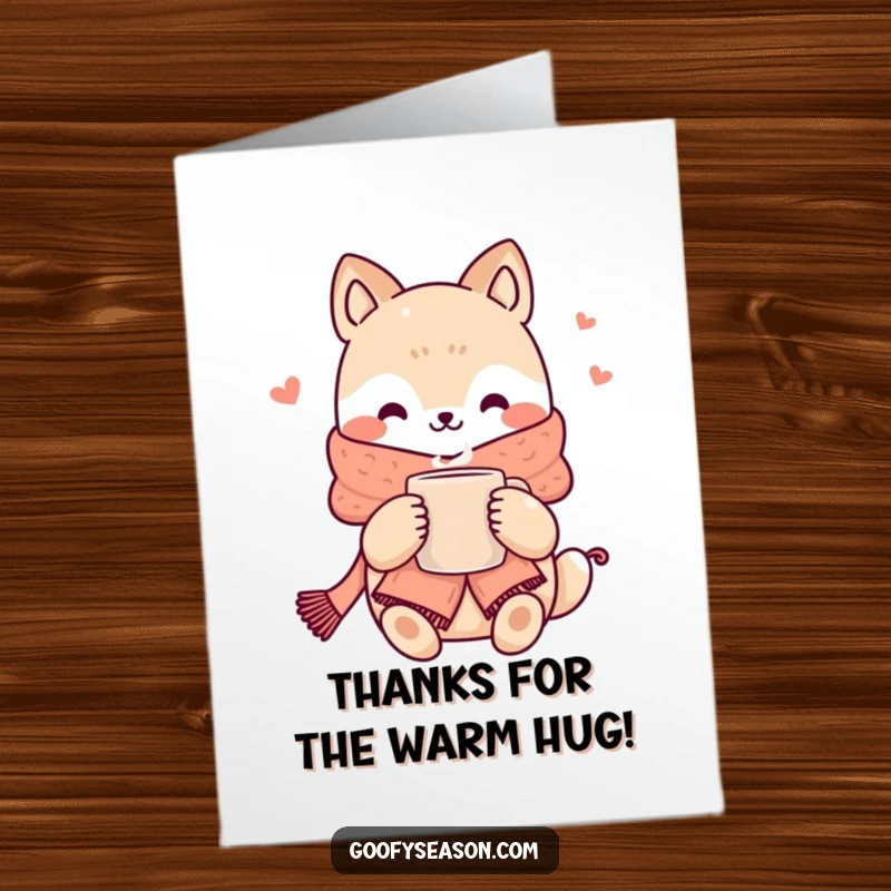 Funny Free Printable Thank You Card: Kawaii animal in scarf holds a steaming mug, expressing warm thanks.