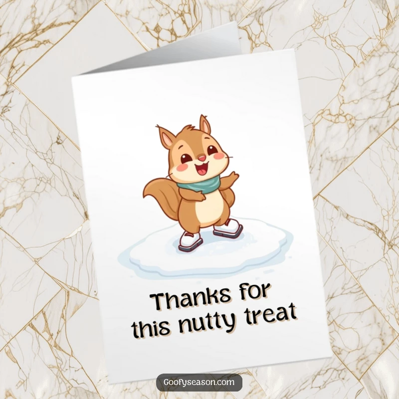 Funny Free Printable Thank You Card: Happy squirrel gleefully ice skating on a frozen puddle.
