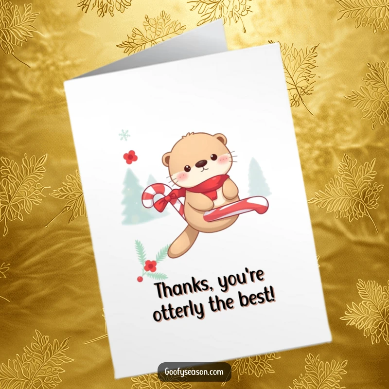 Funny Free Printable Thank You Card: Kawaii otter offering a candy cane ride during winter, presenting a sweet token of thanks.