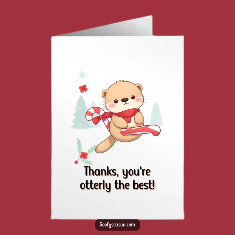 Free Printable Thank You Card: Kawaii Otter Candy Cane Gratitude Funny Downloadable Gift