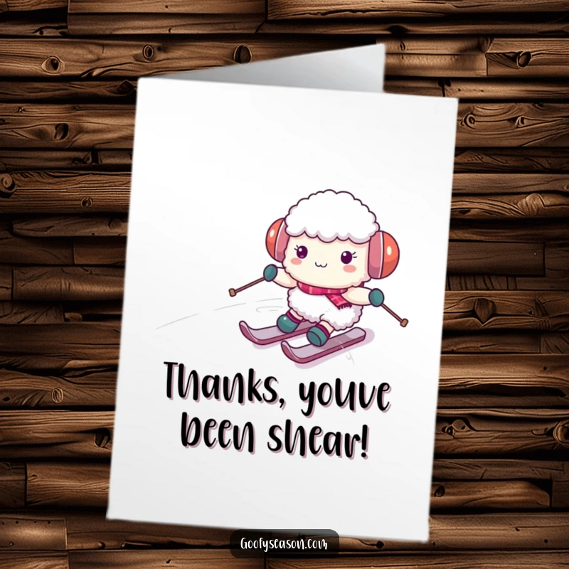Funny Free Printable Thank You Card: Sheep wearing earmuffs comically skis down a snowy hill, sending thanks.
