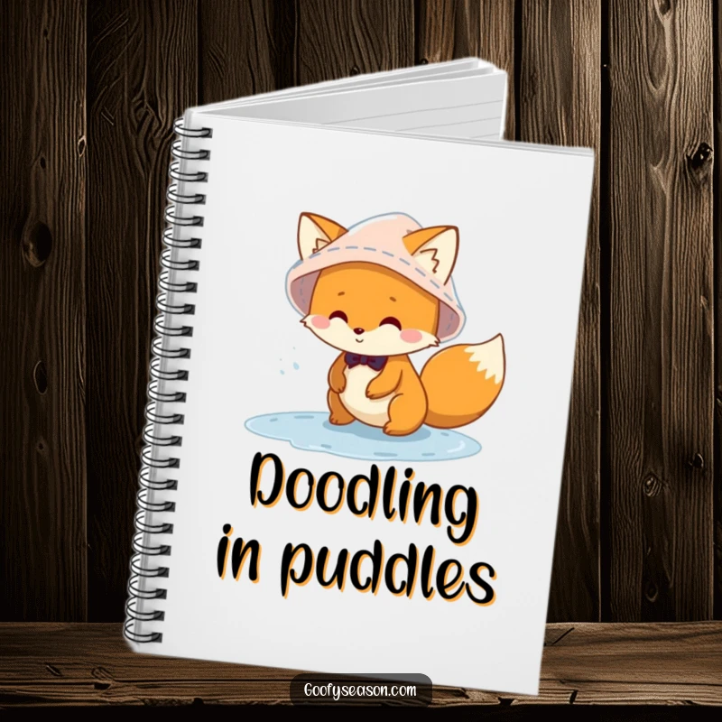 Funny mischievous fox character wearing a rain hat, playing in puddles on a notebook cover, inspiring rainy day notes and creative ideas.